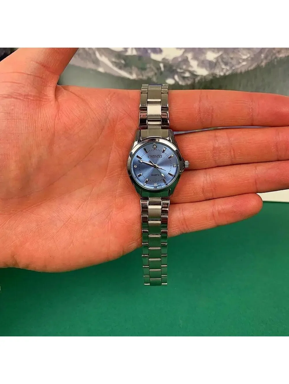 Silver Classy Quartz Round Light Blue Stainless Steel Watch. Stainless steel